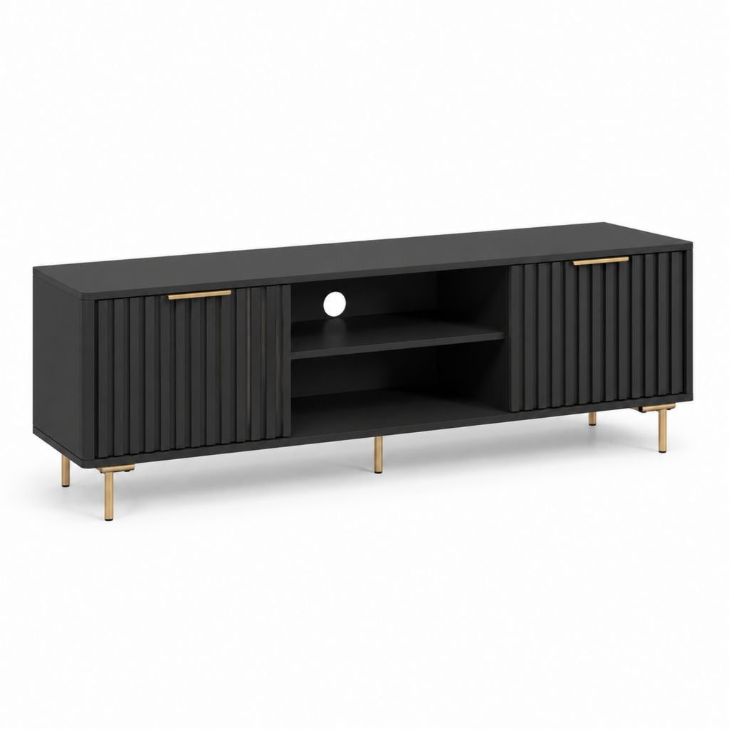 Mobile TV rettangolare nero in MDF con ante scanalate e ripiani 160 x 40 x 60 cm