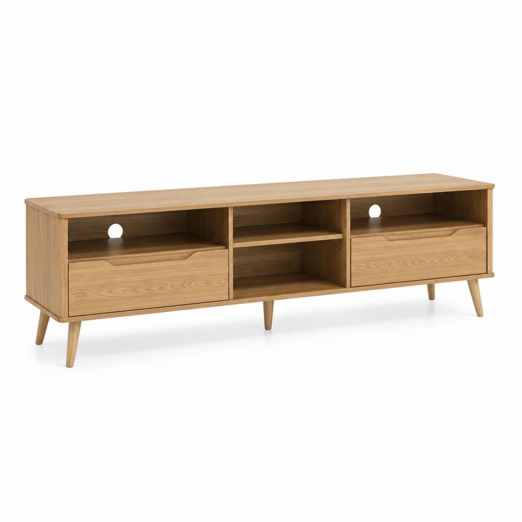 Mobile TV basso rettangolare color rovere in MDF impiallacciato con 2 cassetti e 4 vani 160 x 40 x 55 cm