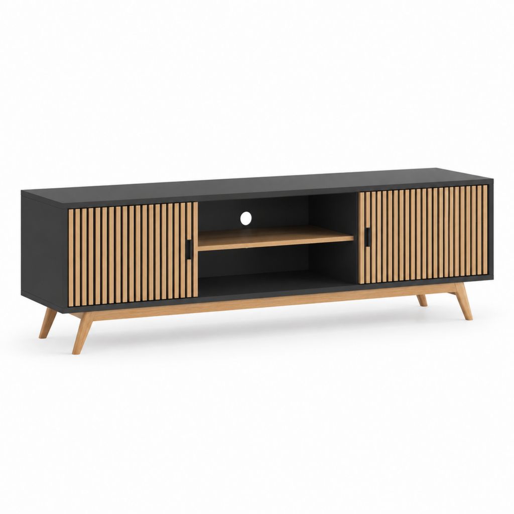 Mobile TV 160 x 40 x 55 cm nero e rovere con 2 ante scanalate e vano passacavi