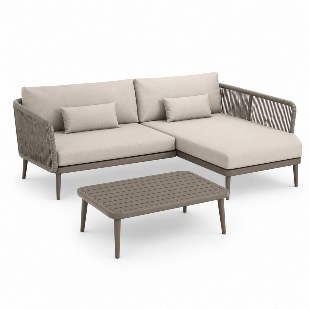 Set divano da giardino angolare con tavolino tortora in alluminio e corda sintetica 210 x 150 x 75 cm