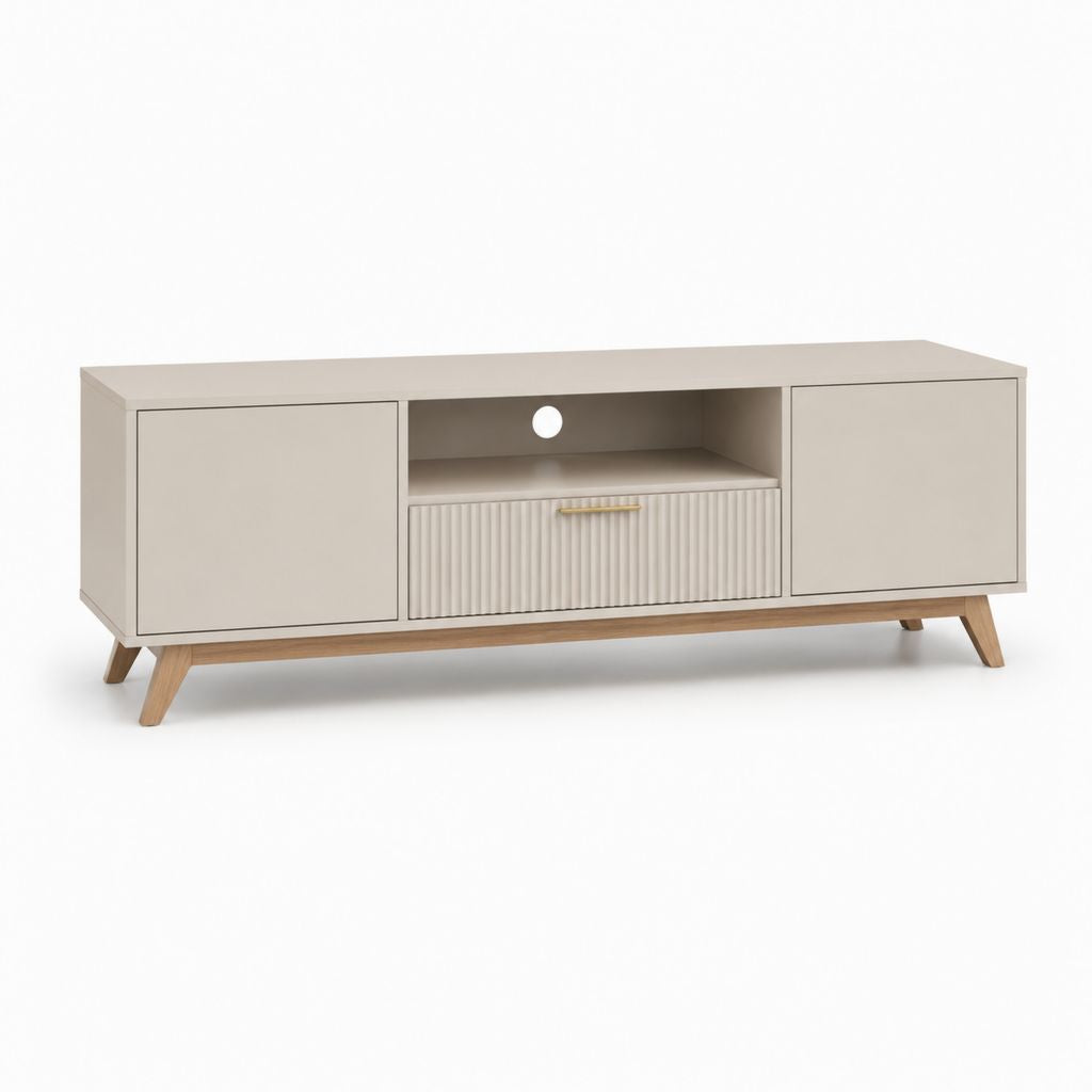 Mobile TV basso beige in MDF rettangolare con ante cassetto e vano a giorno 160 x 40 x 55 cm