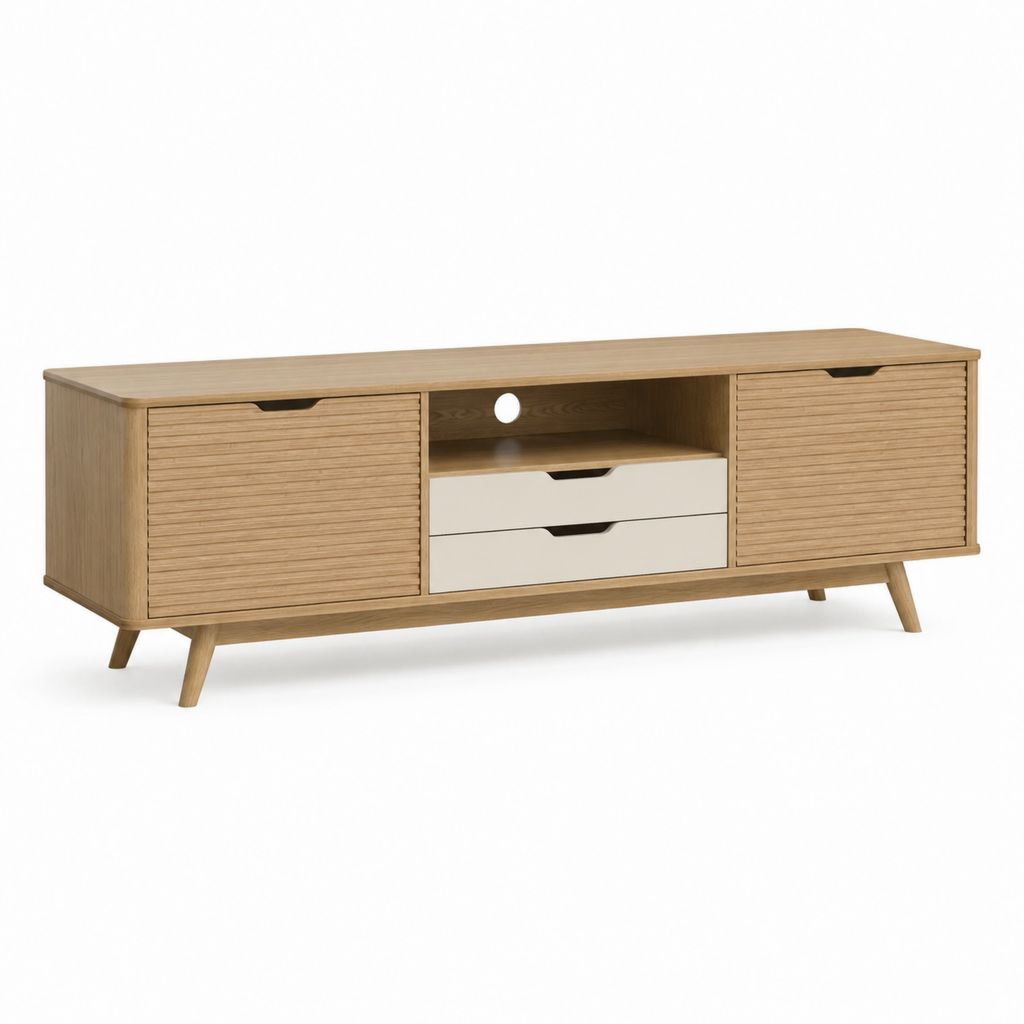 Mobile TV basso rovere e bianco in pannello truciolare 160 x 40 x 55 cm con 2 ante 2 cassetti e vano cavi