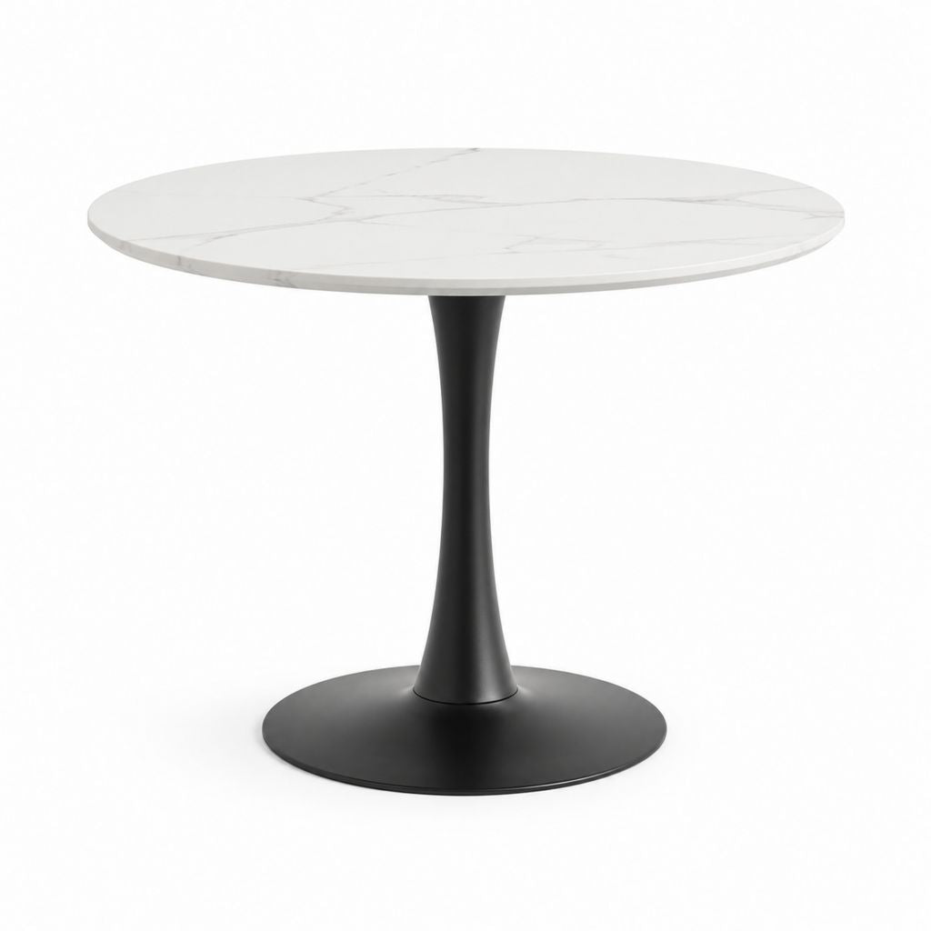 Tavolo da pranzo rotondo bianco effetto marmo con base nera in acciaio Ø100 x 75 cm