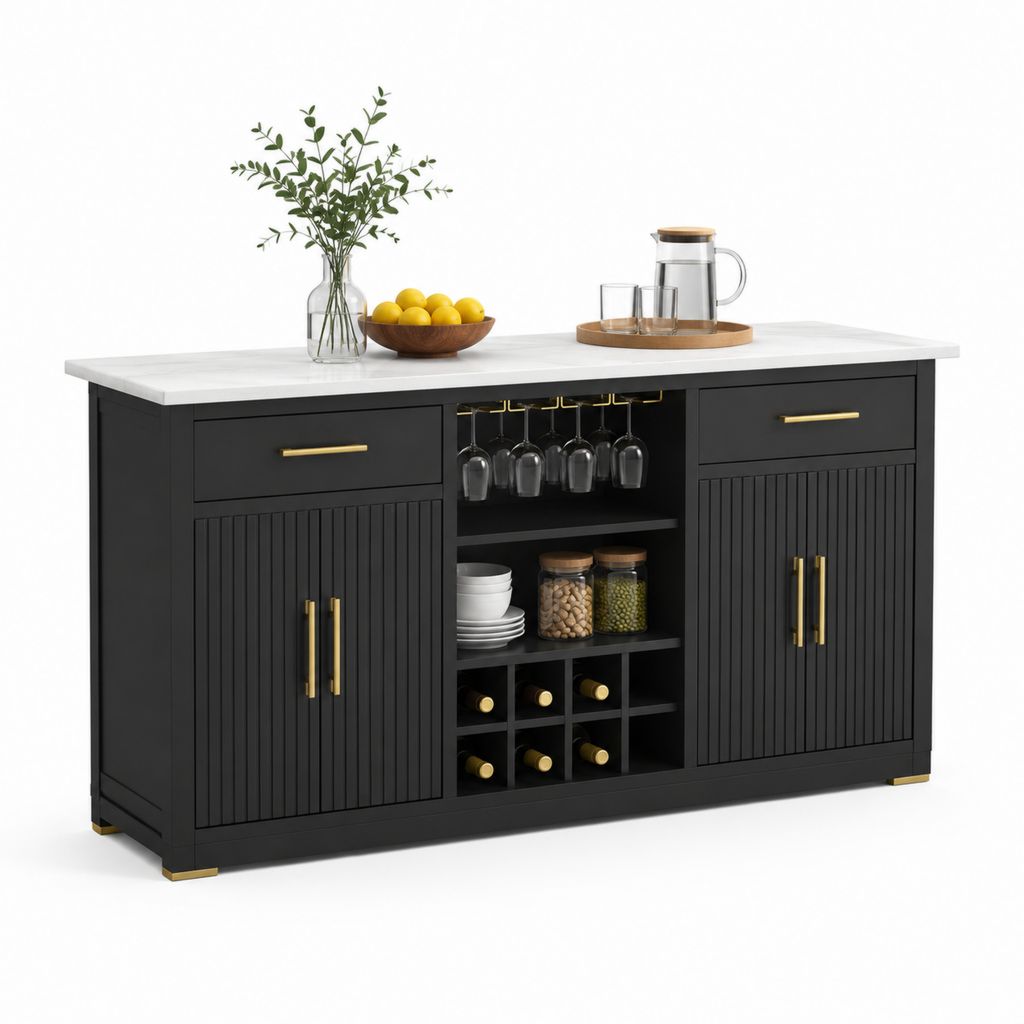 Isola da cucina rettangolare nera in MDF con piano effetto marmo 152 x 76 x 91 cm