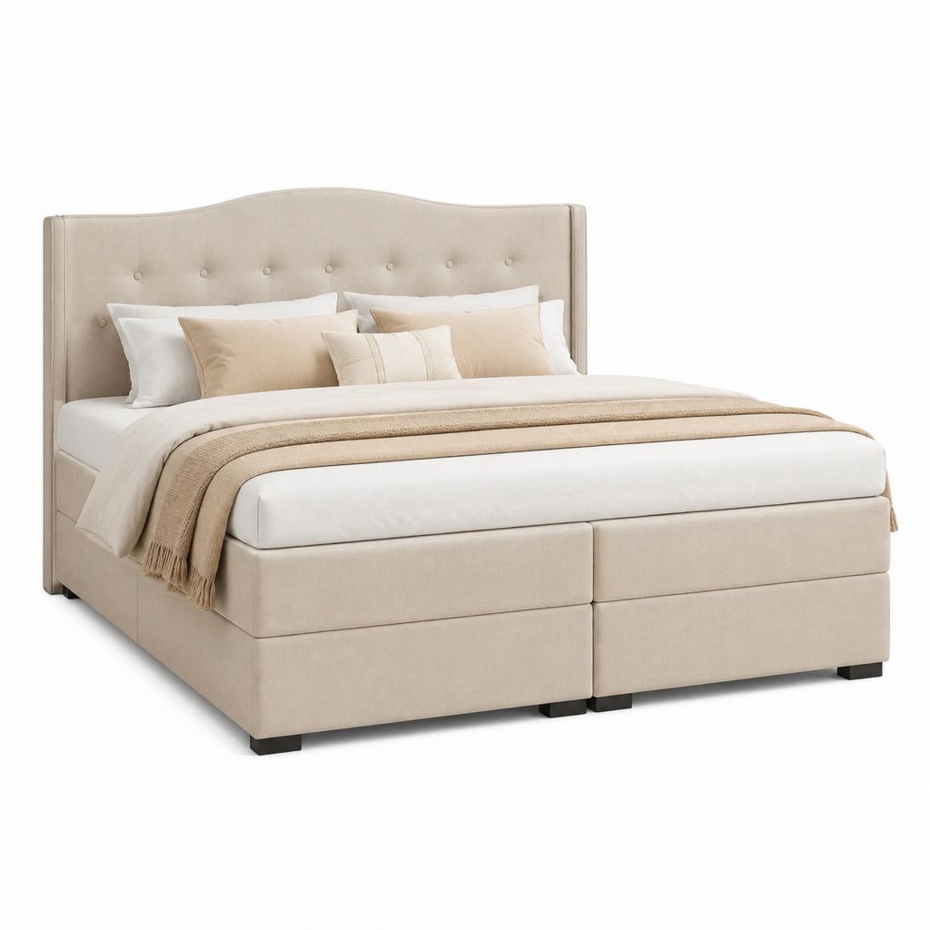 Letto a molle matrimoniale beige in poliestere con testiera imbottita 180 x 200 cm