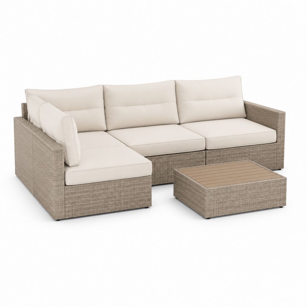 Set divano angolare da giardino 3 posti beige in polyrattan PE con tavolino 220 x 220 x 65 cm