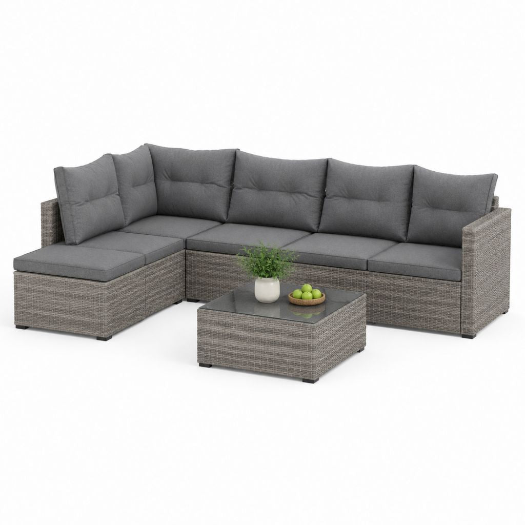 Set divani da giardino angolare 5 pezzi grigio in rattan PE con cuscini in poliestere e tavolino 245 x 175 x 63 cm