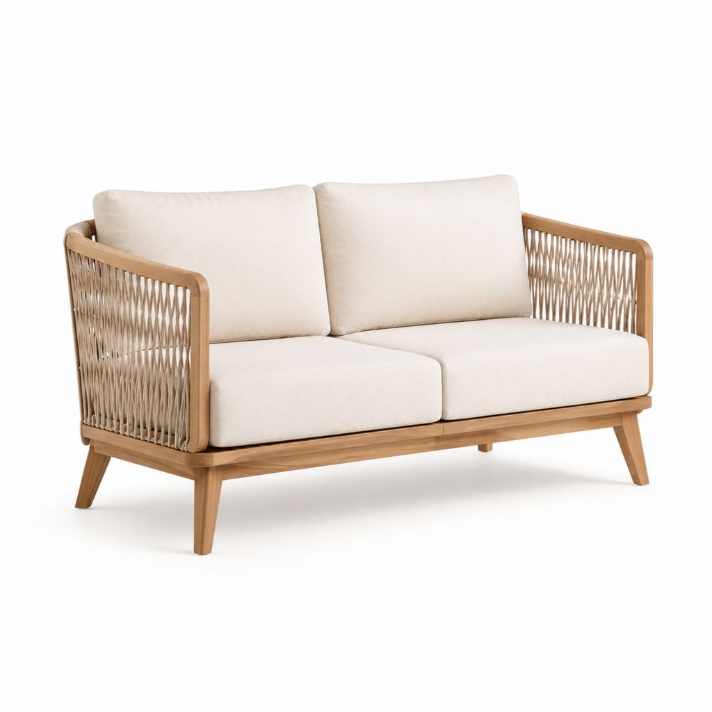 Divano da giardino 2 posti beige in legno massello di acacia e corda intrecciata 140 x 75 x 78 cm