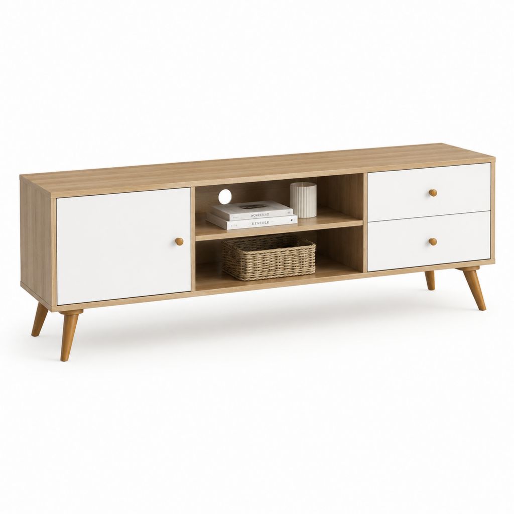 Mobile TV basso rovere e bianco in pannelli di truciolare 140 x 40 x 60 cm