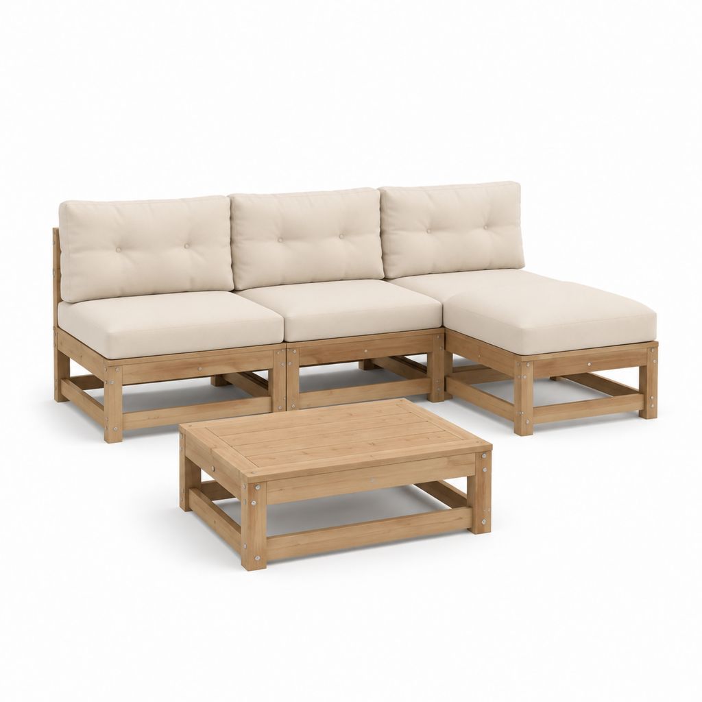 Set divani da giardino angolare 3 posti con tavolino beige in legno massello di acacia 195 x 130 x 70 cm
