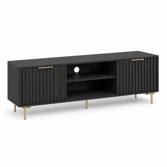 Mobile TV rettangolare nero in MDF con ante scanalate e ripiani 160 x 40 x 60 cm