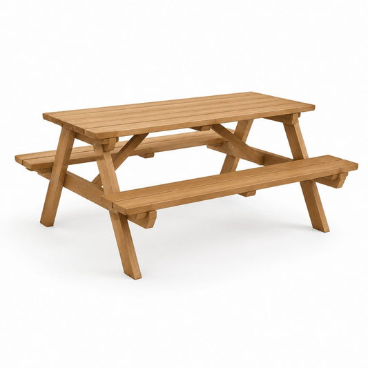 Tavolo da picnic con panche integrate marrone in pino massello rettangolare 180 x 150 x 75 cm