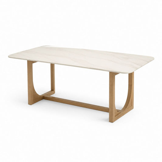 Tavolo da pranzo rettangolare bianco effetto marmo con gambe in legno 160 x 90 x 75 cm