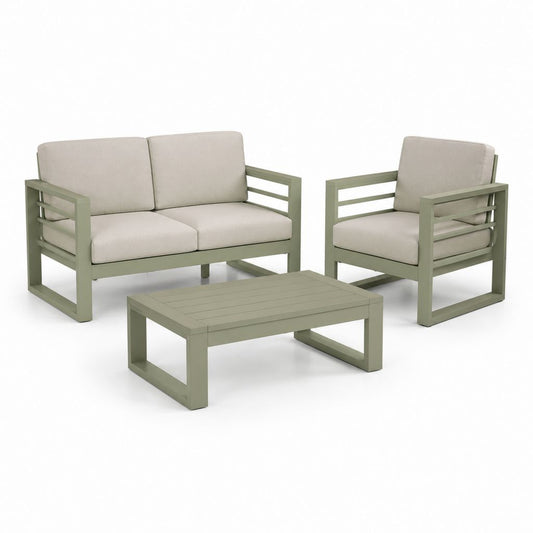 Set salotto da giardino 4 pezzi in alluminio verde salvia con cuscini in poliestere beige divano 2 posti 126 x 70 x 70 cm