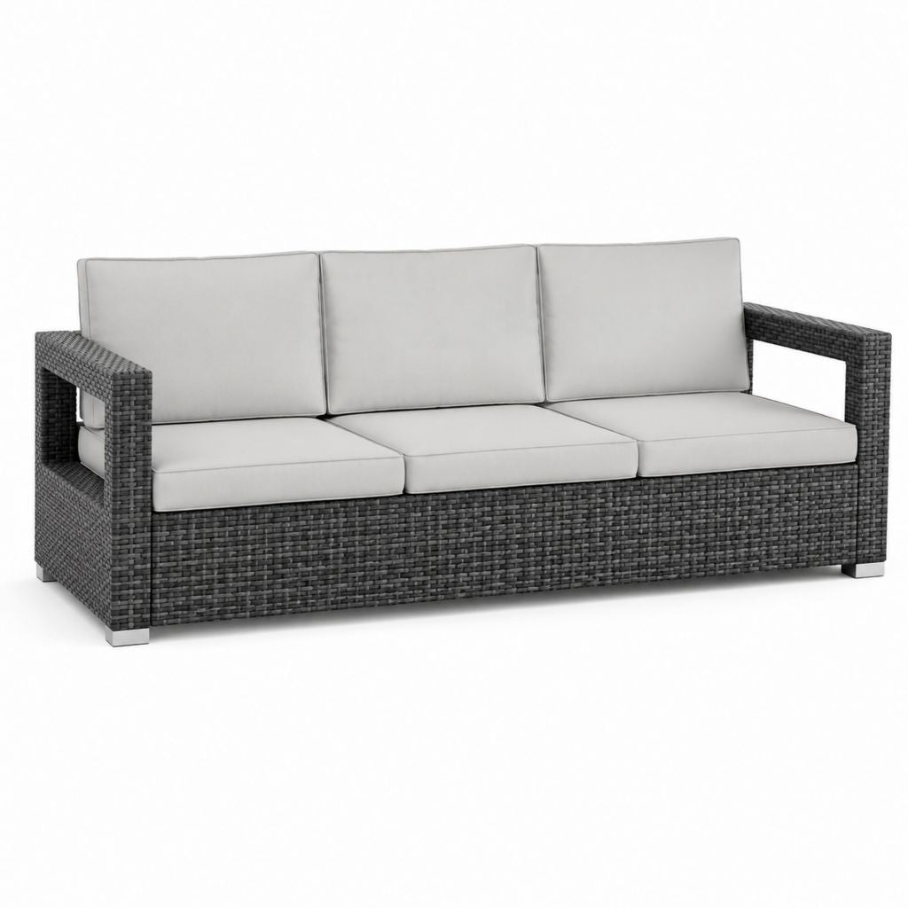 Divano da giardino 3 posti in rattan PE grigio con cuscini 180 x 65 x 60 cm