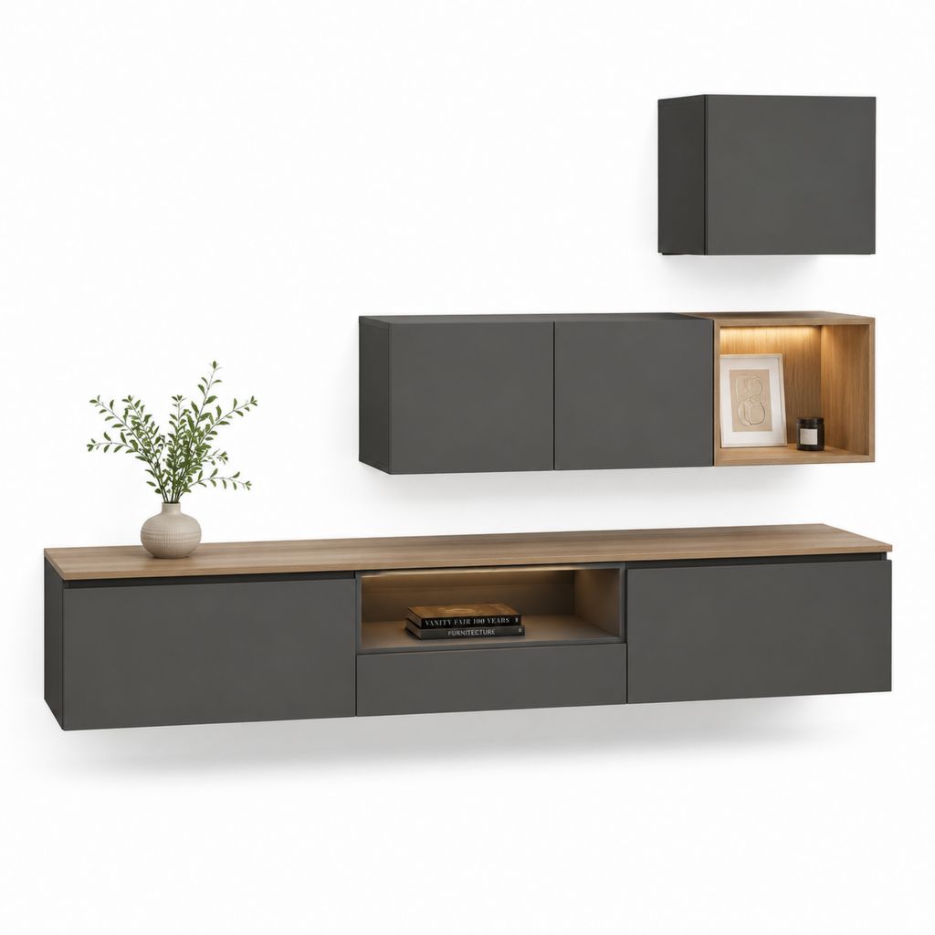 Set mobili TV sospesi rettangolari antracite e rovere in pannello truciolare 200 x 40 x 45 cm