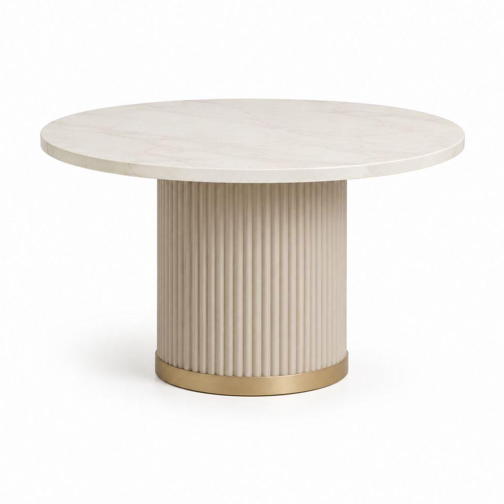Tavolo da pranzo rotondo avorio effetto marmo con base scanalata in MDF e acciaio inox diametro 120 cm altezza 76 cm