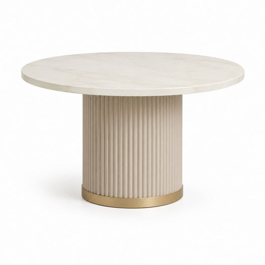 Tavolo da pranzo rotondo avorio effetto marmo con base scanalata in MDF e acciaio inox diametro 120 cm altezza 76 cm