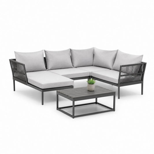 Set divano da giardino angolare 5 posti grigio in alluminio e corda con tavolino 250 x 180 x 68 cm