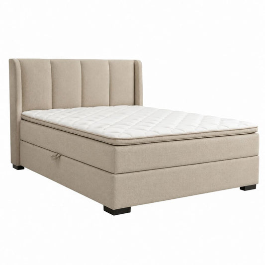Letto a molle matrimoniale beige in poliestere con contenitore 160 x 200 cm