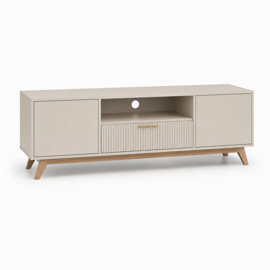 Mobile TV basso beige in MDF rettangolare con ante cassetto e vano a giorno 160 x 40 x 55 cm