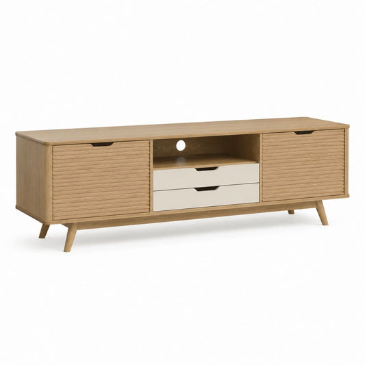 Mobile TV basso rovere e bianco in pannello truciolare 160 x 40 x 55 cm con 2 ante 2 cassetti e vano cavi