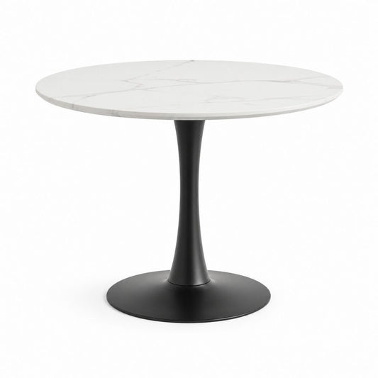Tavolo da pranzo rotondo bianco effetto marmo con base nera in acciaio Ø100 x 75 cm