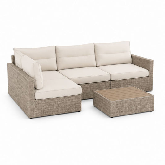 Set divano angolare da giardino 3 posti beige in polyrattan PE con tavolino 220 x 220 x 65 cm