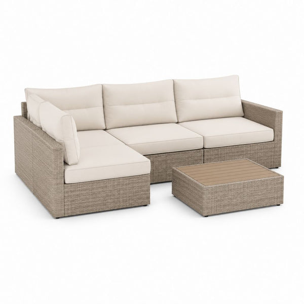 Set divano angolare da giardino 3 posti beige in polyrattan PE con tavolino 220 x 220 x 65 cm