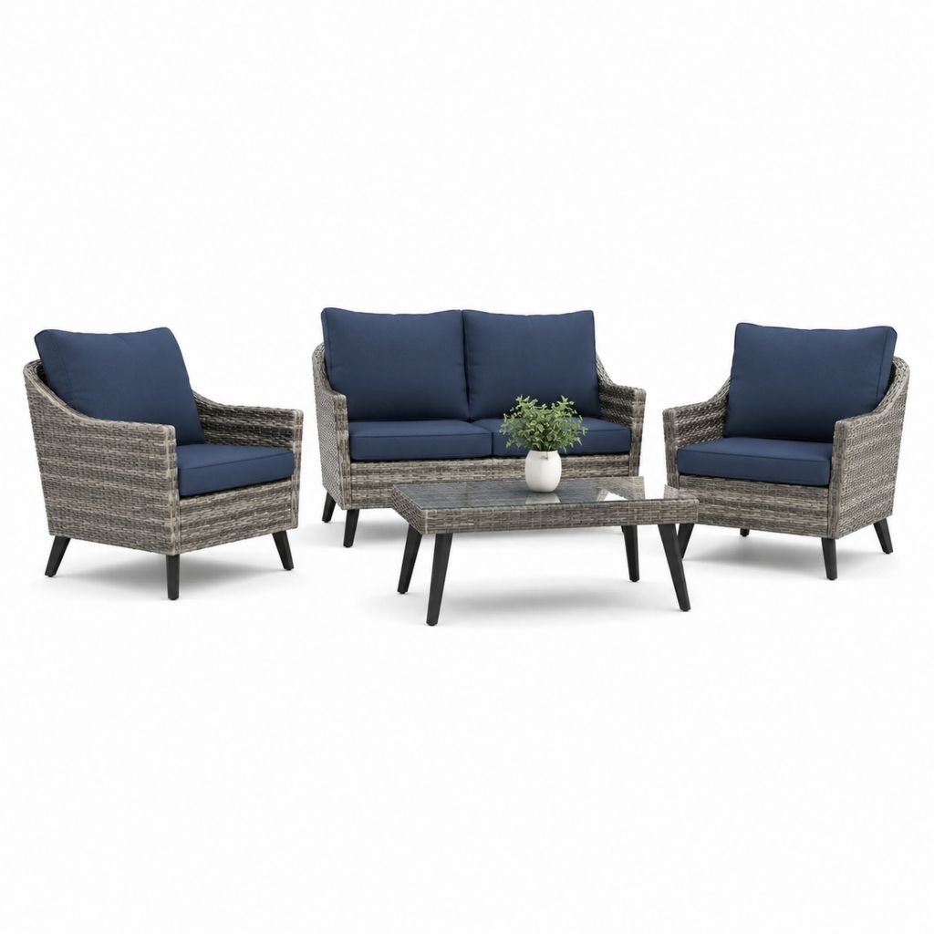 Set salotto da giardino 4 pezzi grigio e blu in rattan PE con divano 2 posti 120 x 70 x 80 cm poltrone 65 x 70 x 80 cm e tavolino rettangolare 100 x 50 x 45 cm