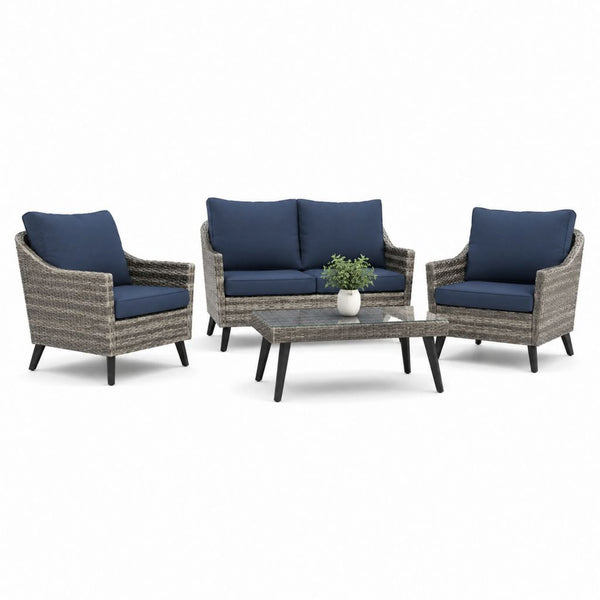 Set salotto da giardino 4 pezzi grigio e blu in rattan PE con divano 2 posti 120 x 70 x 80 cm poltrone 65 x 70 x 80 cm e tavolino rettangolare 100 x 50 x 45 cm