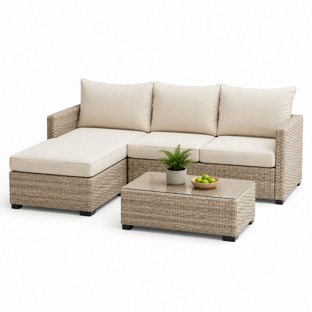 Set divano da giardino angolare beige in rattan PE con tavolino 210 x 140 x 65 cm