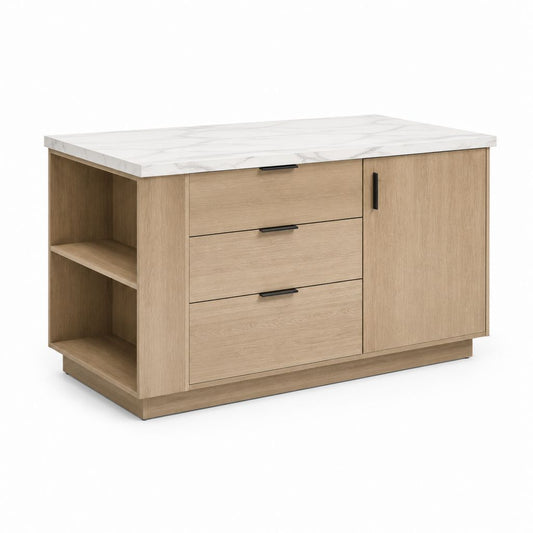 Isola da cucina rettangolare rovere chiaro con piano effetto marmo bianco in truciolare 120 x 60 x 90 cm