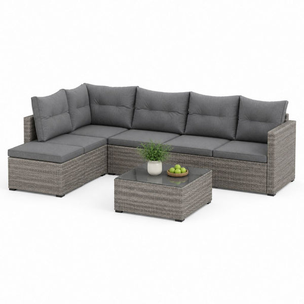 Set divani da giardino angolare 5 pezzi grigio in rattan PE con cuscini in poliestere e tavolino 245 x 175 x 63 cm