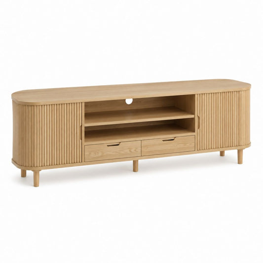Mobile TV in MDF impiallacciato rovere naturale con ante scanalate 160 x 40 x 55 cm