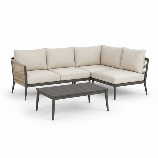 Set divano angolare da giardino 3 posti beige e antracite in alluminio e corda di poliestere 220 x 150 x 75 cm con tavolino 100 x 60 x 40 cm