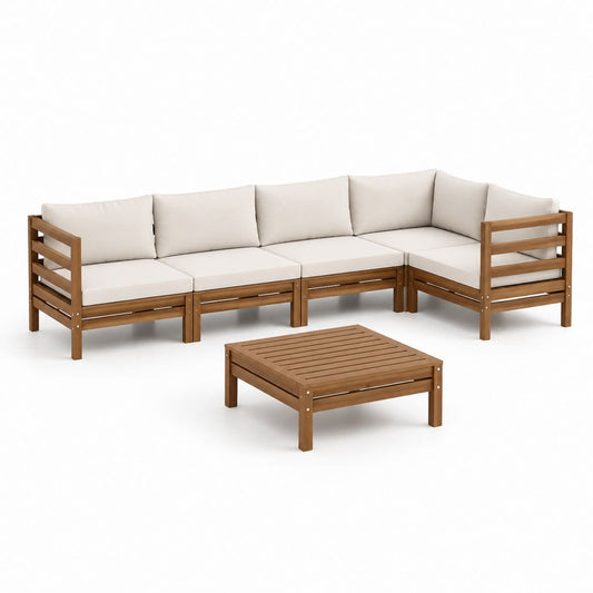 Set divano da giardino angolare 4 posti in legno massello di acacia marrone con cuscini beige 220 x 220 x 70 cm