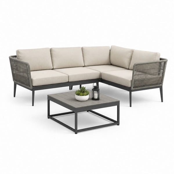 Set divano angolare da giardino beige e grigio in acciaio e corda PE con tavolino 220 x 220 cm